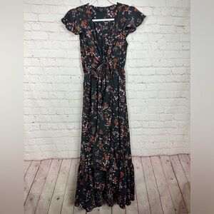 Vici Ruffled Cutout front Floral hi low Maxi Dress tie front, sz S, GUC